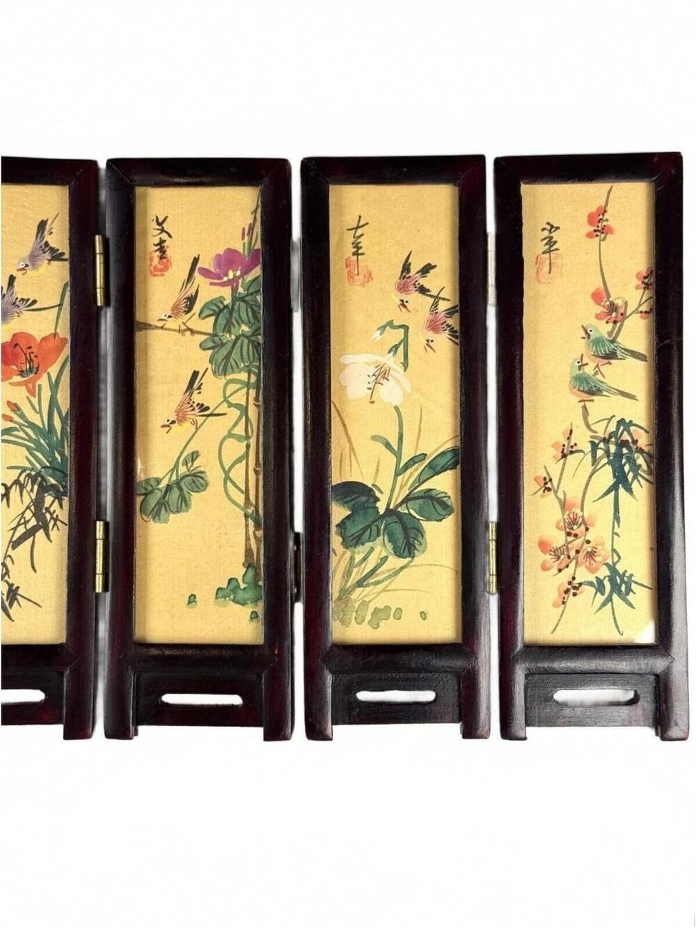 Vintage Mini Folding Screen Two-Sided China Silk Painting Birds Flowers Mountain - Picture 6 of 14
